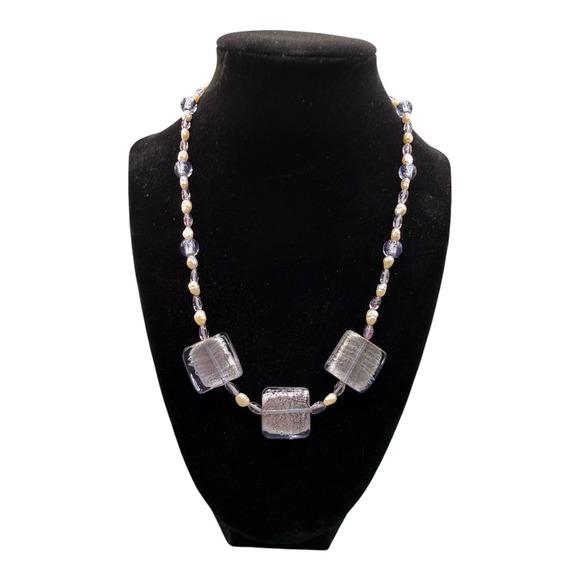 Jewelry - Artisan Venetian Glass Silver Foil Square Bead & Freshwater Pearl Necklace 19"
